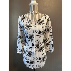 Floral Chiffon Blouse Black White Boho Peasant Top Tie Neck Size L